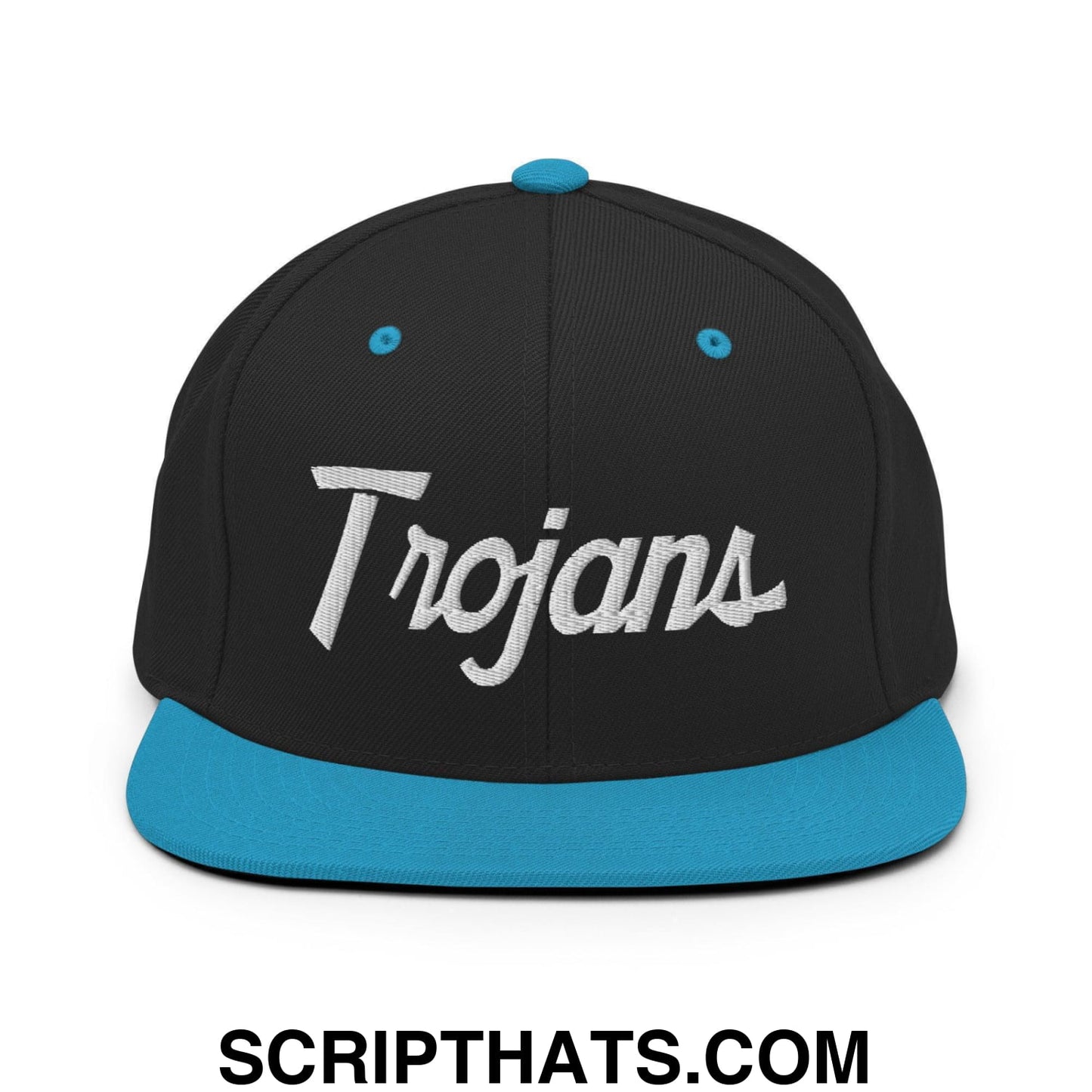 Trojans School Mascot Script Snapback Hat Black Teal
