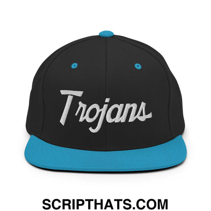Trojans School Mascot Script Snapback Hat Black Teal