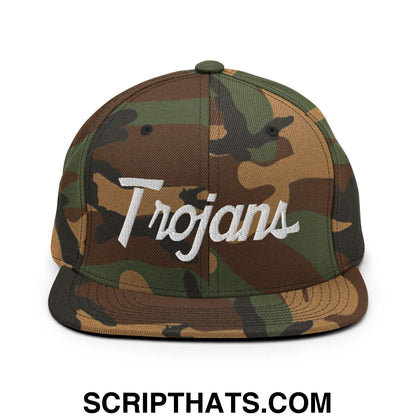 Trojans School Mascot Script Snapback Hat Green Camo