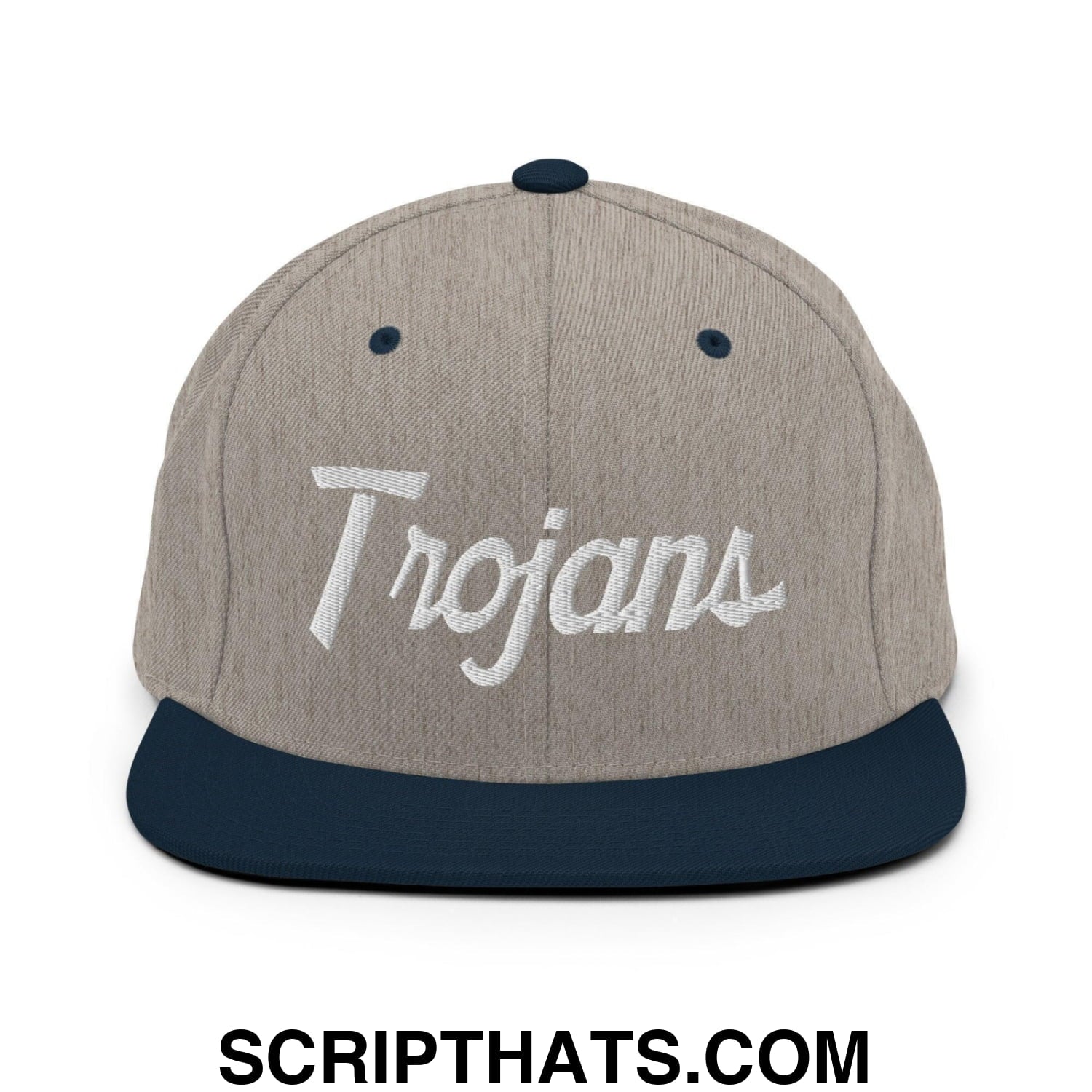 Trojans School Mascot Script Snapback Hat Heather Grey Navy