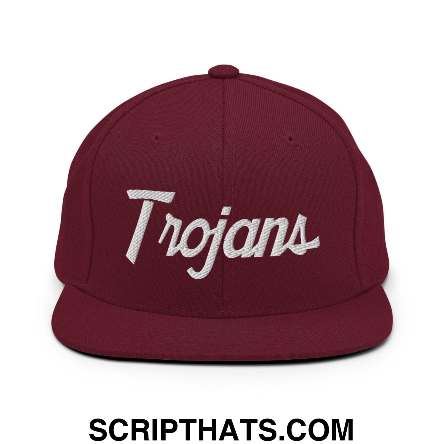 Trojans School Mascot Script Snapback Hat Maroon
