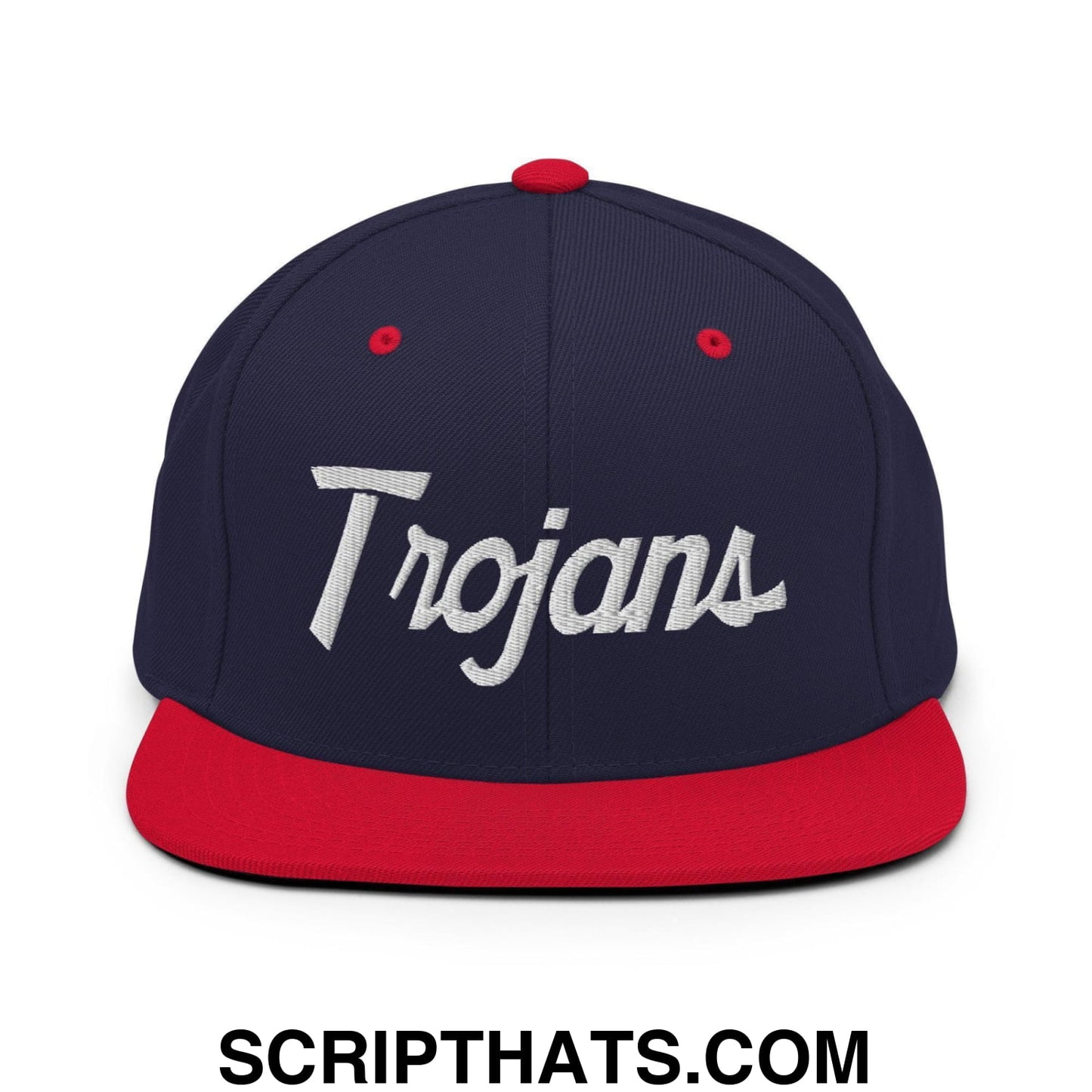 Trojans School Mascot Script Snapback Hat Navy Red