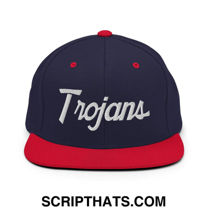 Trojans School Mascot Script Snapback Hat Navy Red