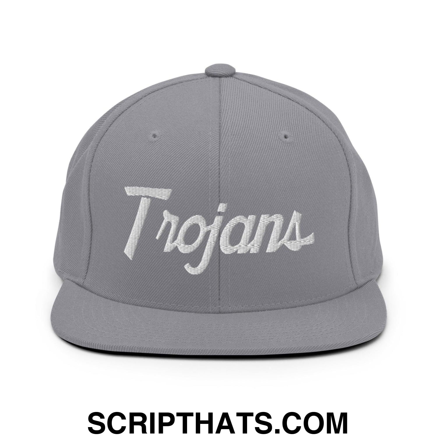 Trojans School Mascot Script Snapback Hat Silver