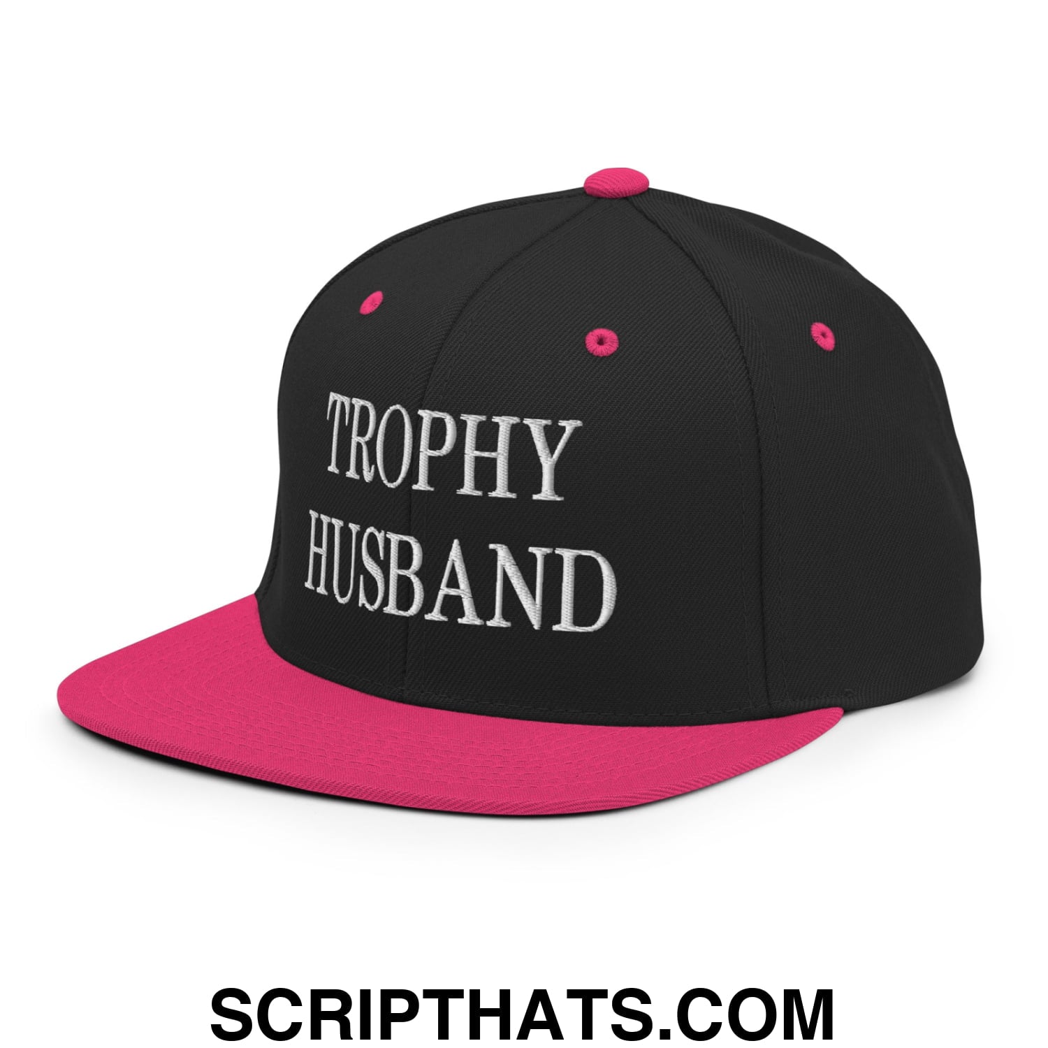 Trophy Husband Embroidered Flat Brim Bill Snapback Hat Black Neon Pink