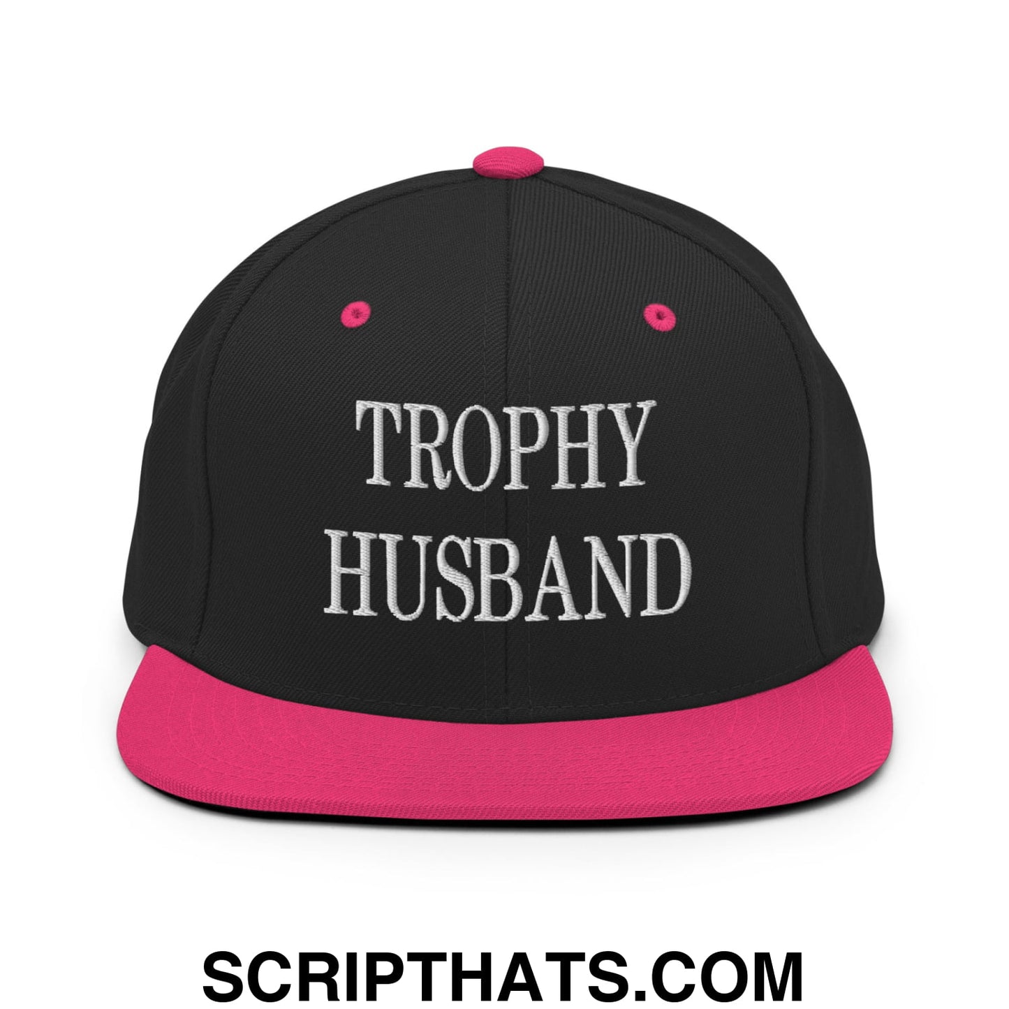 Trophy Husband Embroidered Flat Brim Bill Snapback Hat Black Neon Pink
