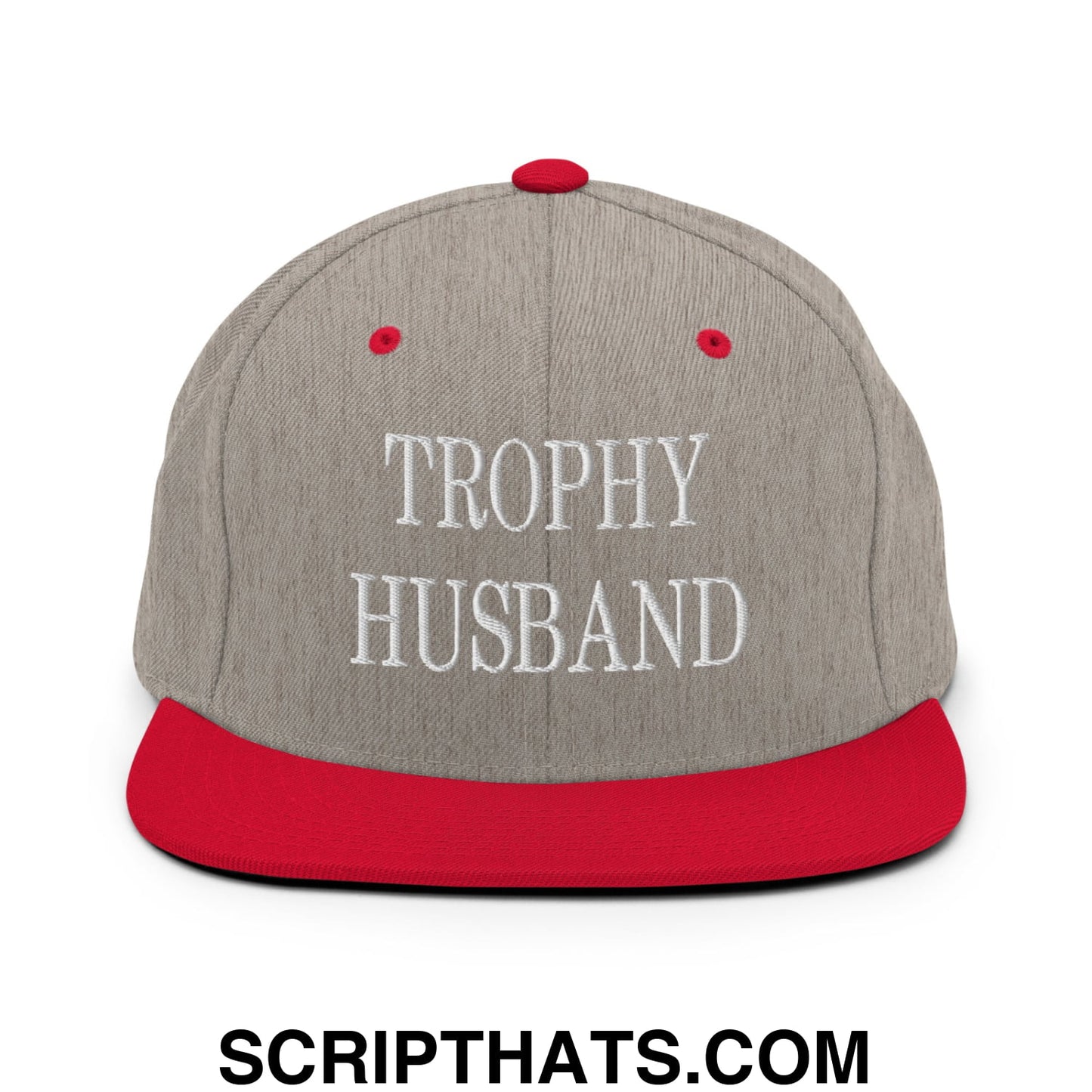 Trophy Husband Embroidered Flat Brim Bill Snapback Hat Heather Grey Red