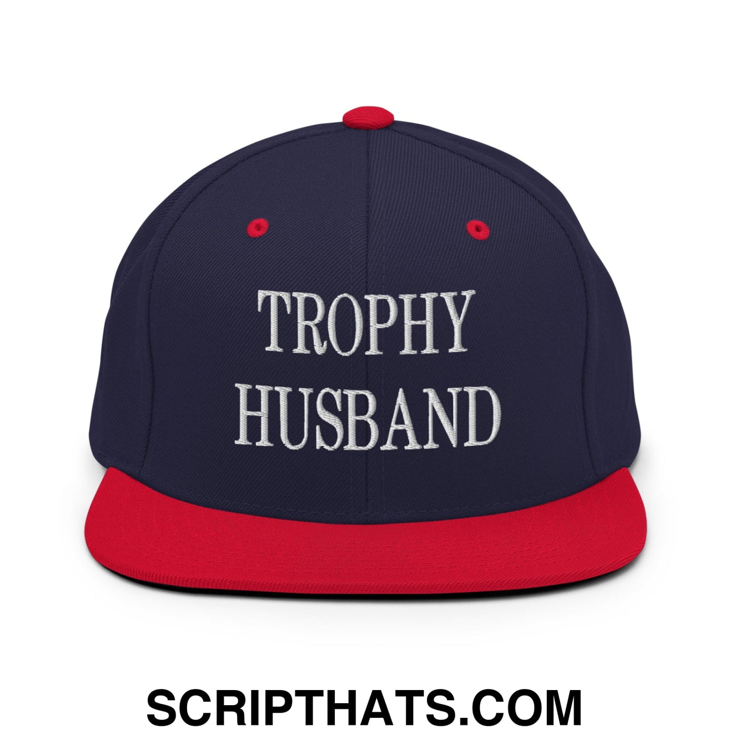 Trophy Husband Embroidered Flat Brim Bill Snapback Hat Navy Red