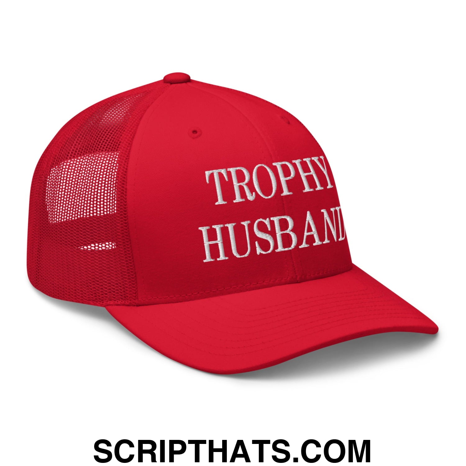 Trophy Husband Embroidered Mesh Trucker Hat Red