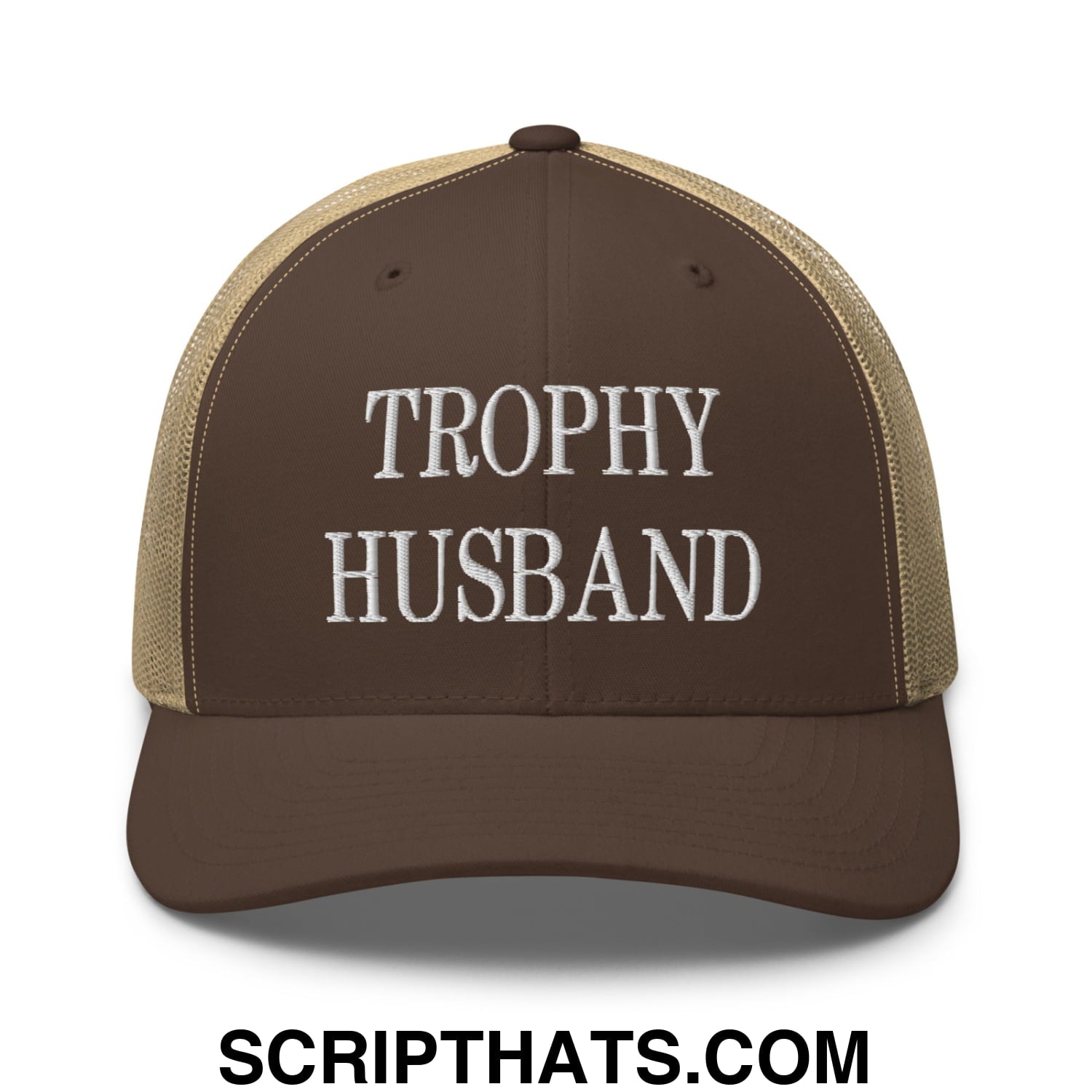 Trophy Husband Embroidered Mesh Trucker Hat Brown Khaki