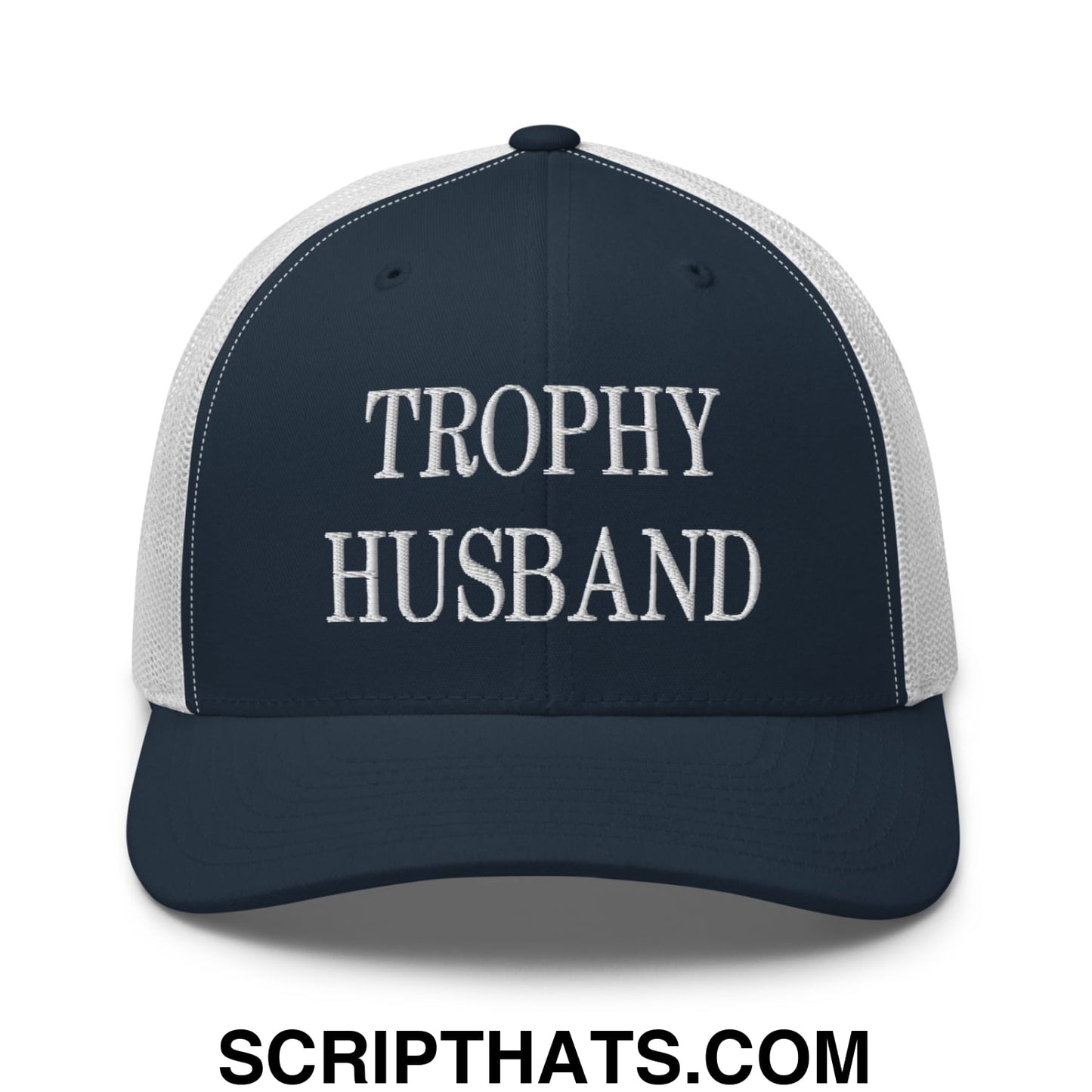 Trophy Husband Embroidered Mesh Trucker Hat Navy White