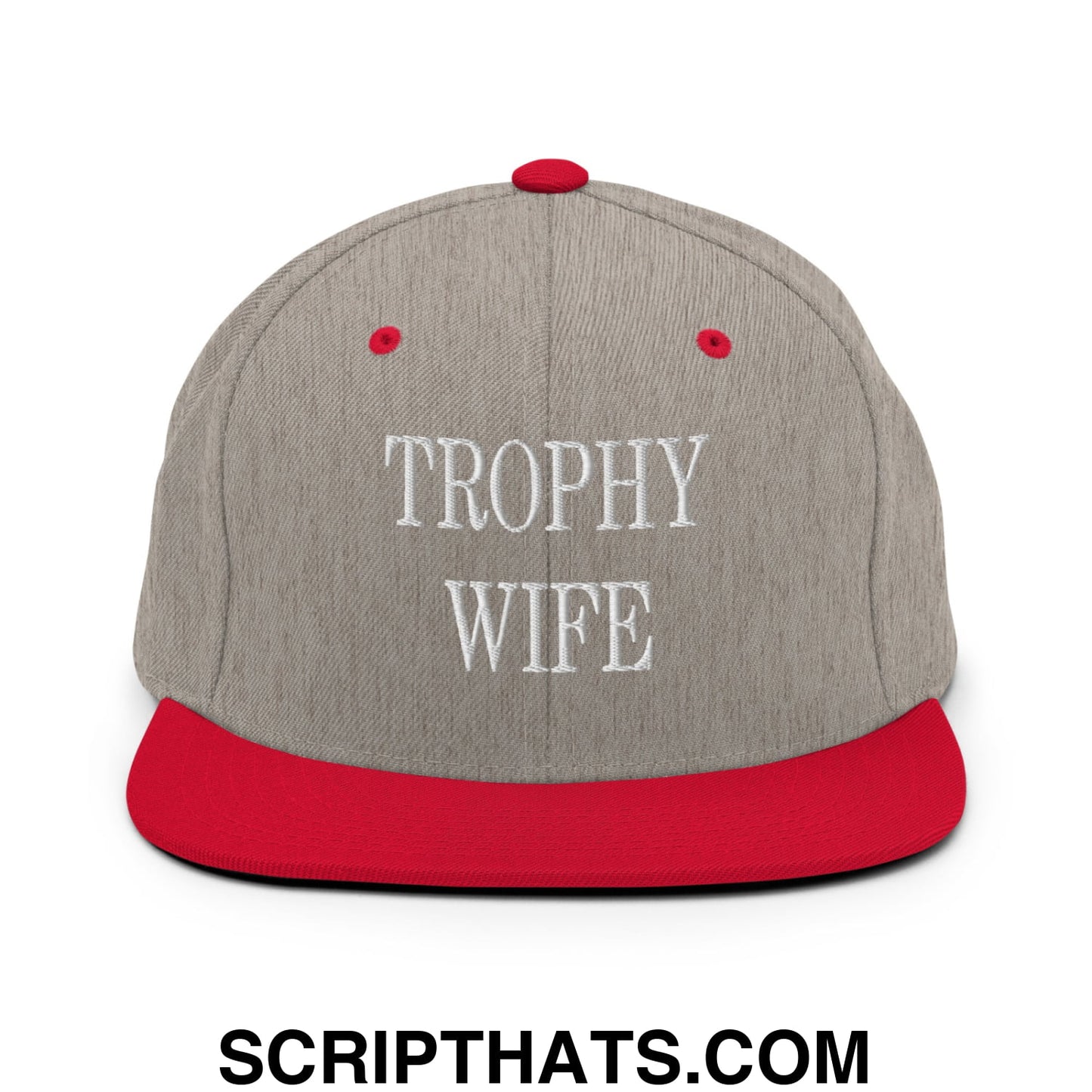 Trophy Wife Embroidered Flat Brim Bill Snapback Hat Heather Grey Red