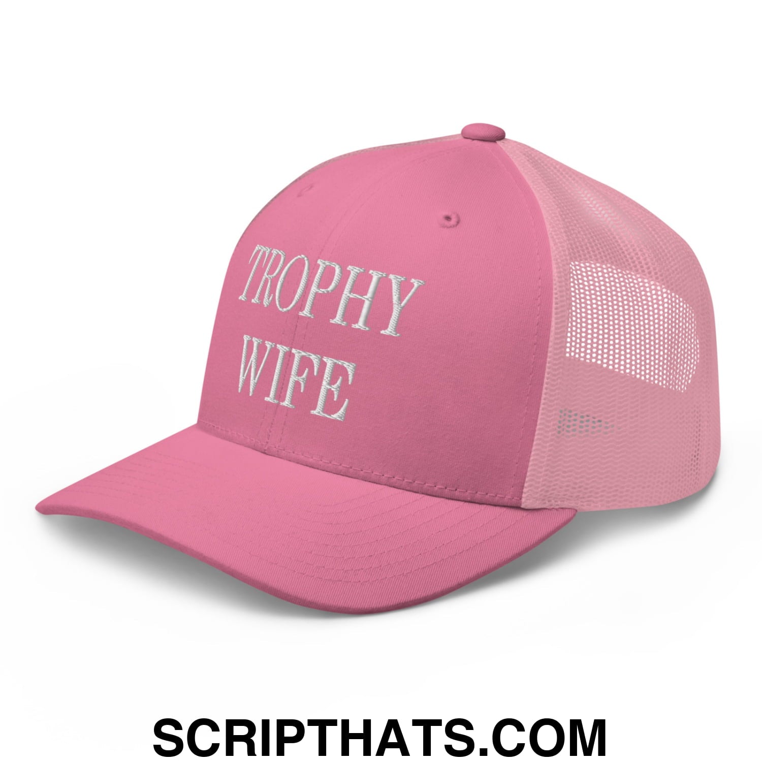 Trophy Wife Embroidered Mesh Trucker Hat Pink