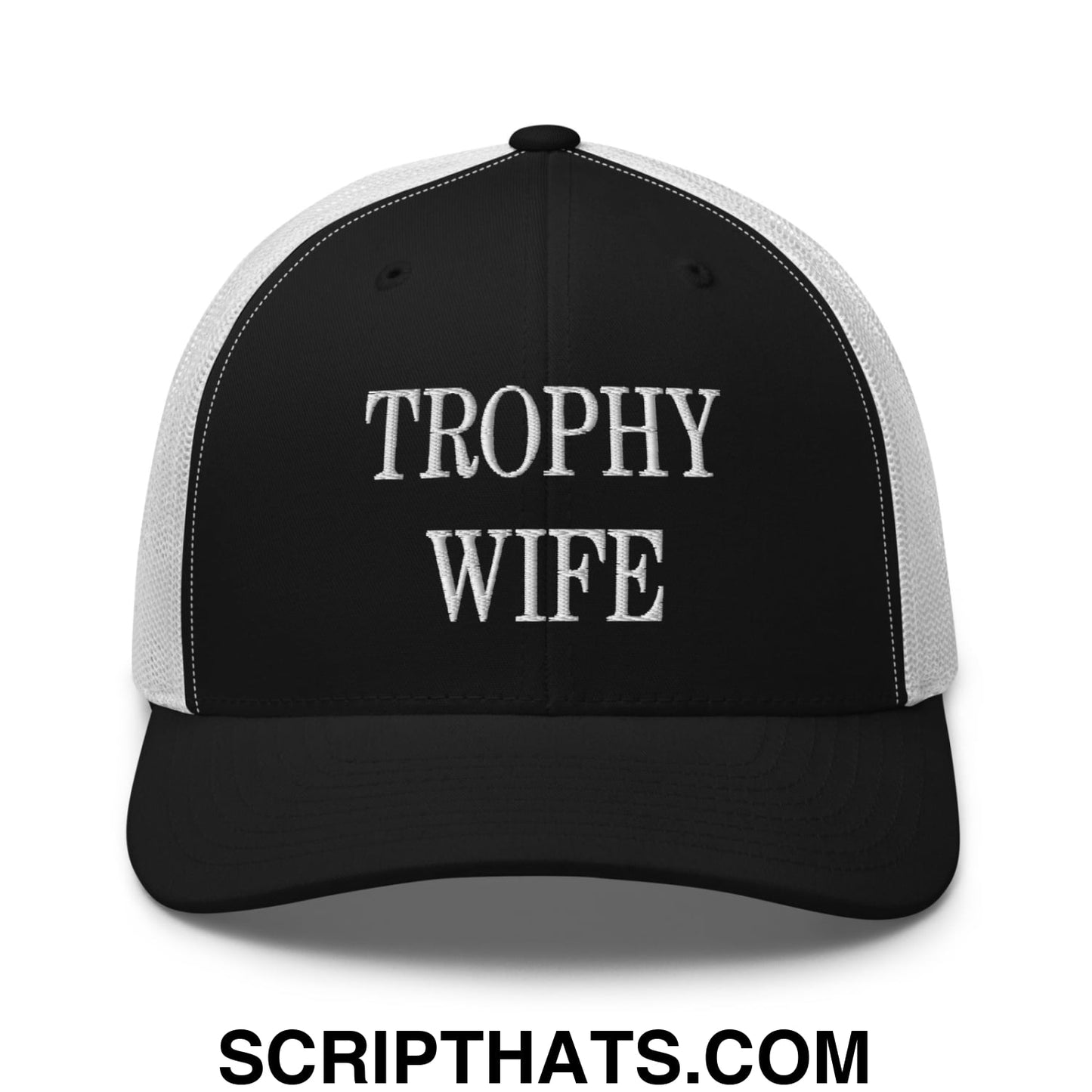 Trophy Wife Embroidered Mesh Trucker Hat Black White