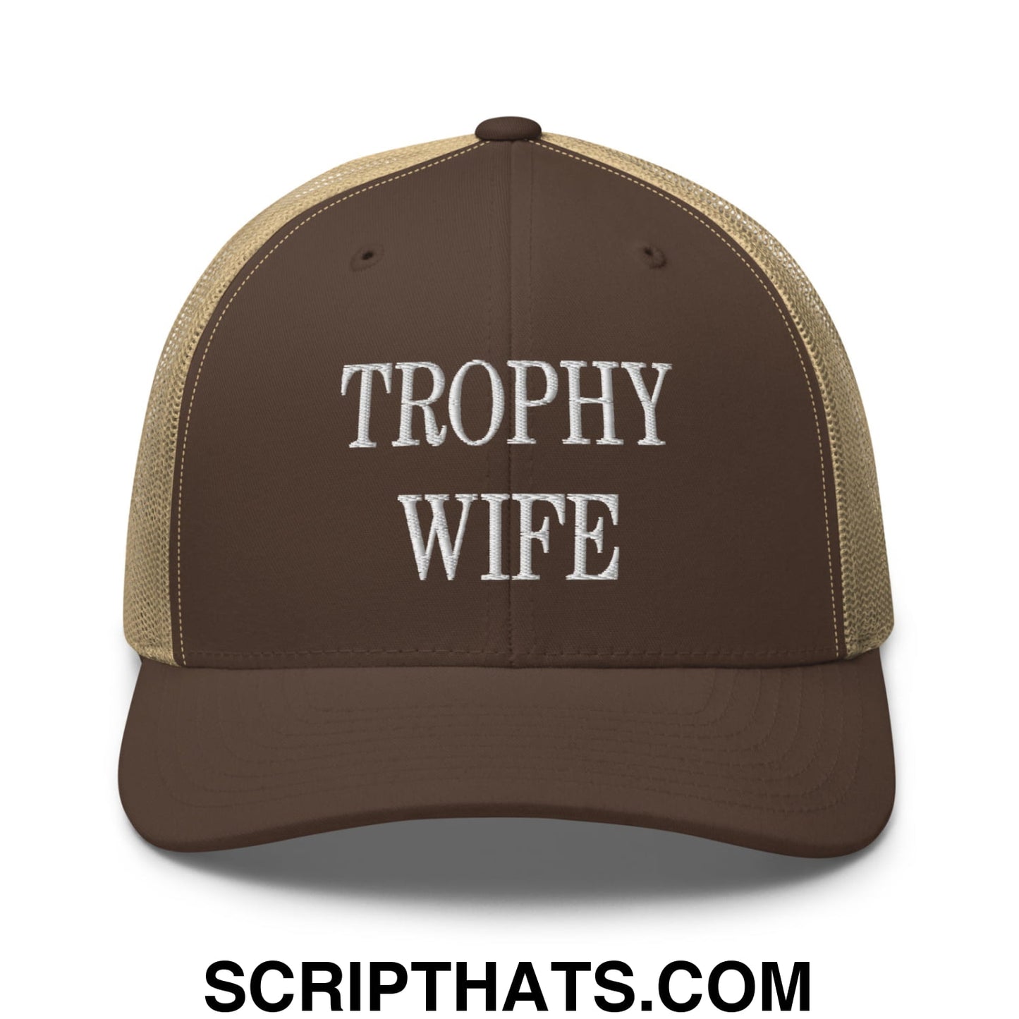 Trophy Wife Embroidered Mesh Trucker Hat Brown Khaki