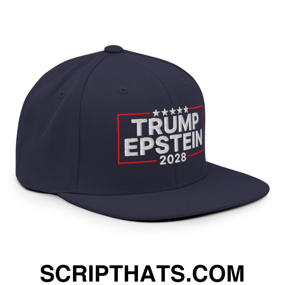 Trump Epstein 2028 Embroidered Flat Bill Brim Snapback Hat Navy