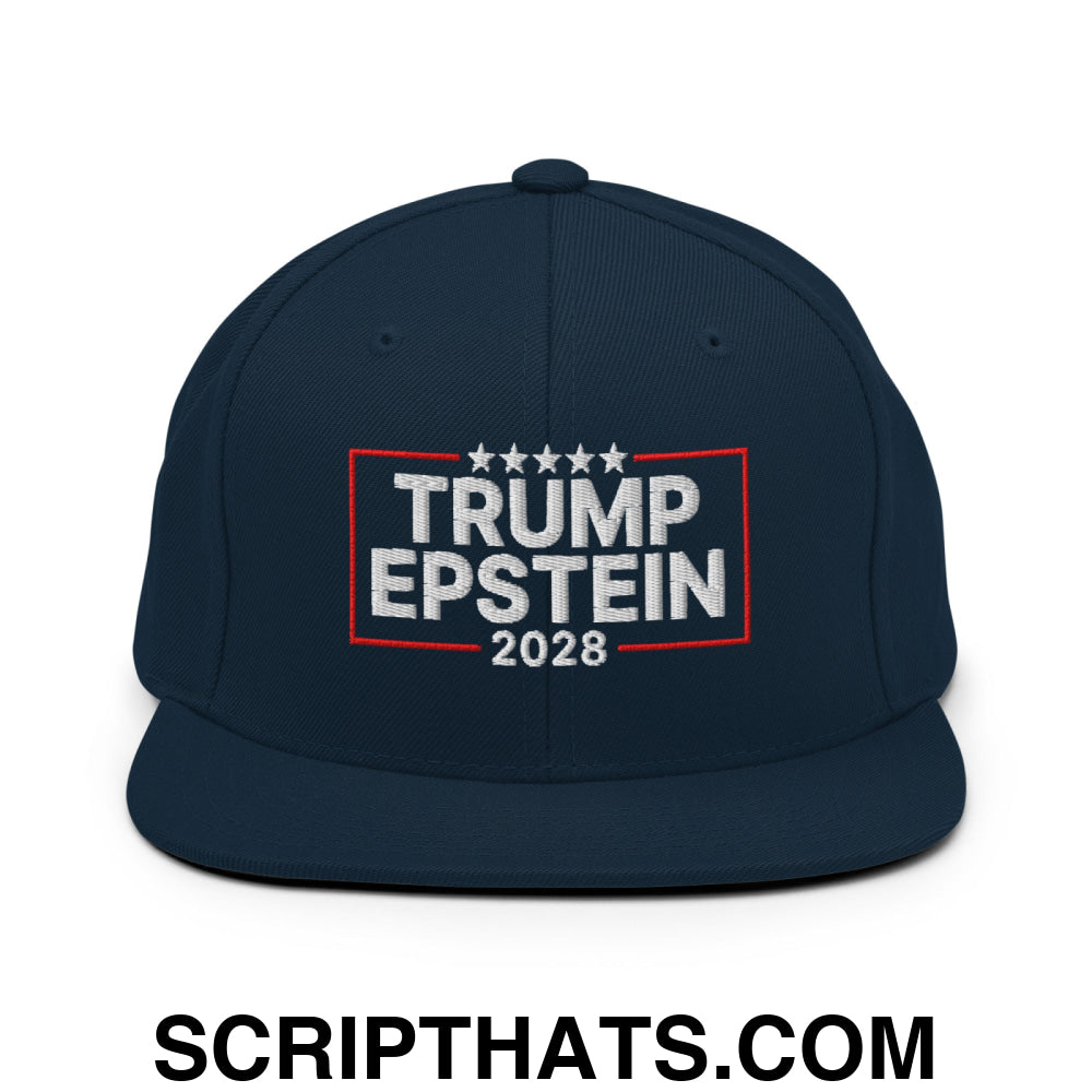 Trump Epstein 2028 Embroidered Flat Bill Brim Snapback Hat Dark Navy