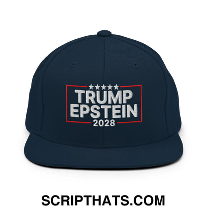 Trump Epstein 2028 Embroidered Flat Bill Brim Snapback Hat Dark Navy