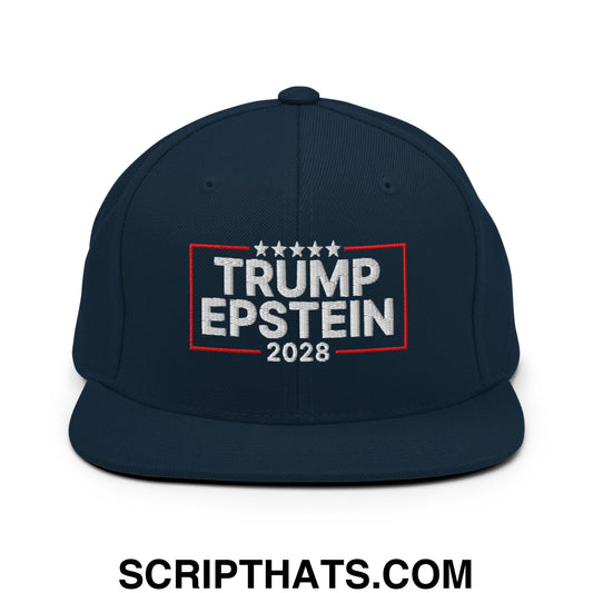 Trump Epstein 2028 Embroidered Flat Bill Brim Snapback Hat Dark Navy