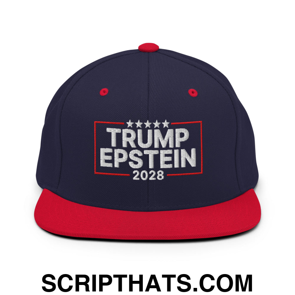 Trump Epstein 2028 Embroidered Flat Bill Brim Snapback Hat Navy Red