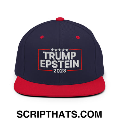 Trump Epstein 2028 Embroidered Flat Bill Brim Snapback Hat Navy Red