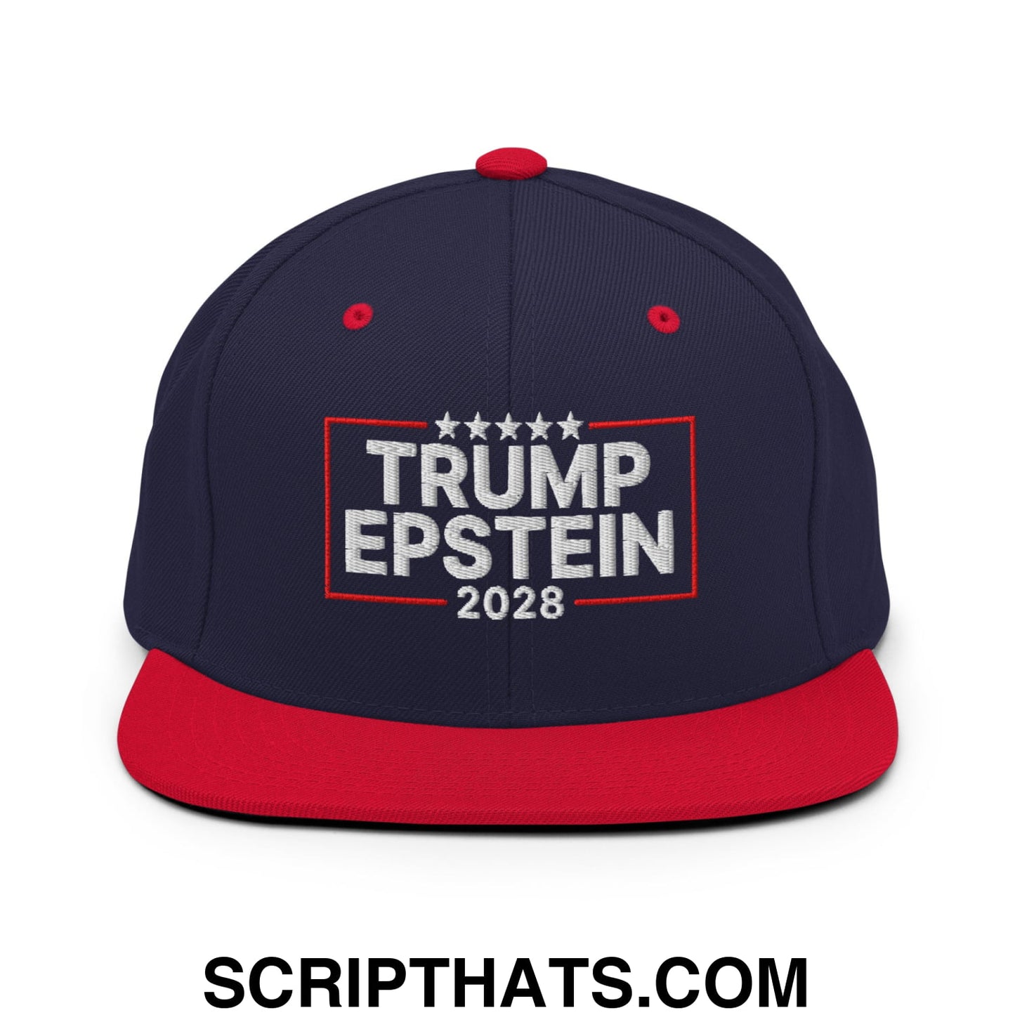 Trump Epstein 2028 Embroidered Flat Bill Brim Snapback Hat Navy Red