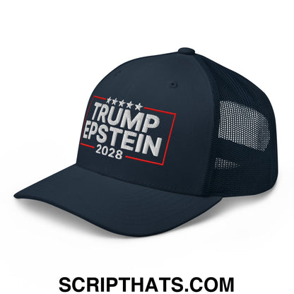 Trump Epstein 2028 Embroidered Mesh Trucker Hat Navy