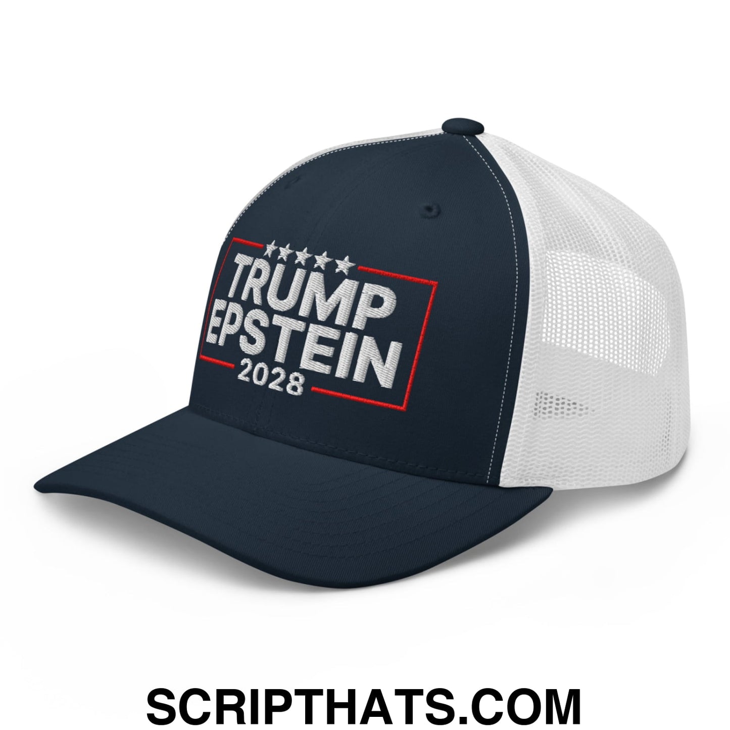 Trump Epstein 2028 Embroidered Mesh Trucker Hat Navy White