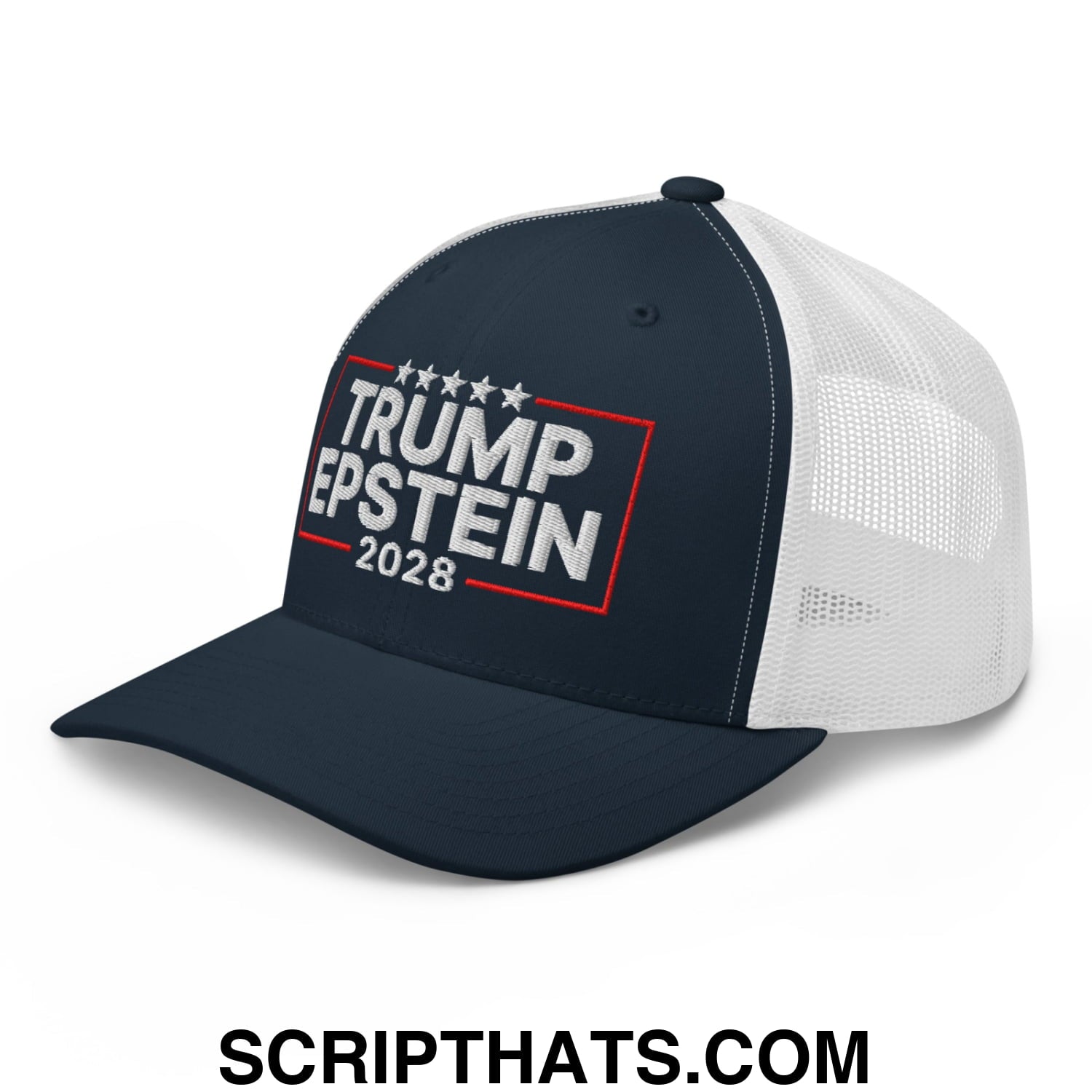 Trump Epstein 2028 Embroidered Mesh Trucker Hat Navy White