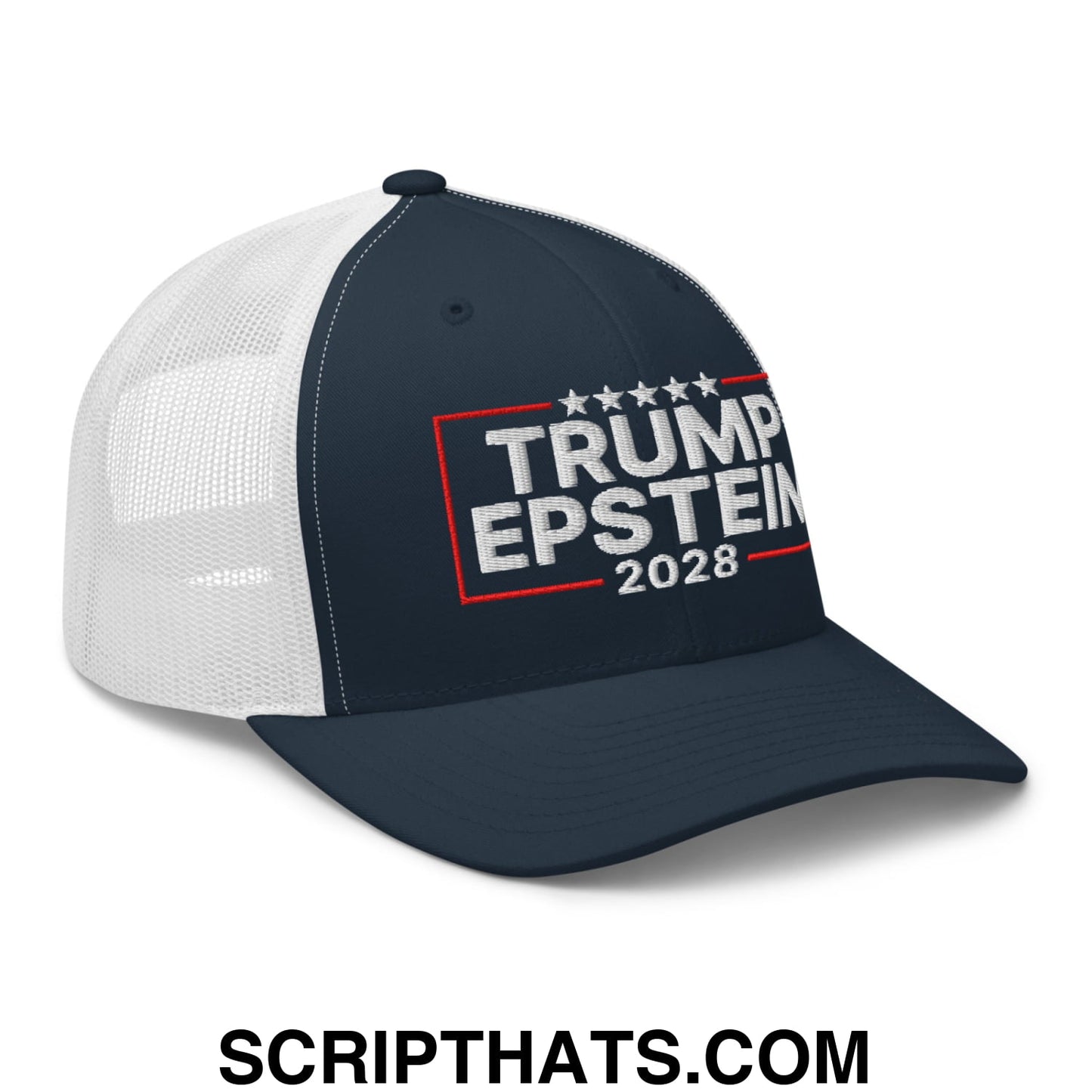 Trump Epstein 2028 Embroidered Mesh Trucker Hat Navy White