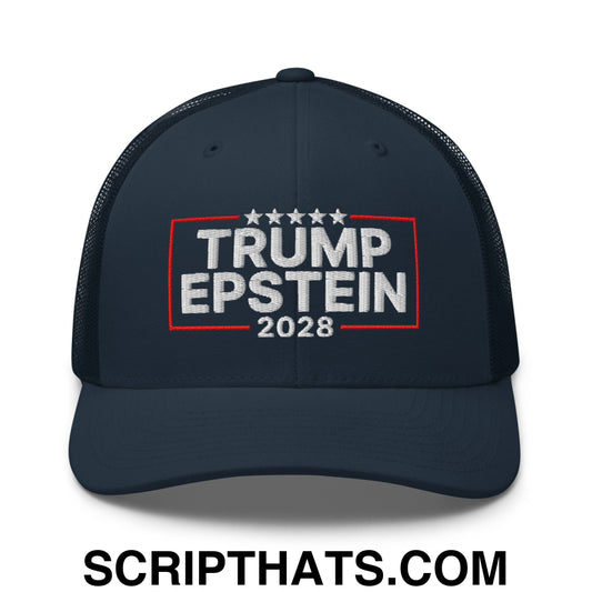 Trump Epstein 2028 Embroidered Mesh Trucker Hat Navy