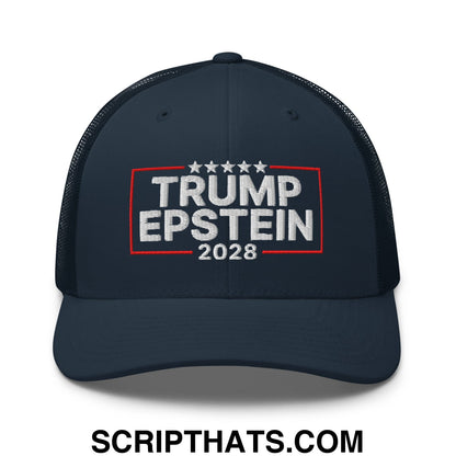 Trump Epstein 2028 Embroidered Mesh Trucker Hat Navy
