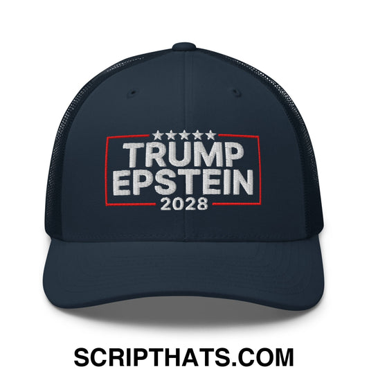 Trump Epstein 2028 Embroidered Mesh Trucker Hat Navy