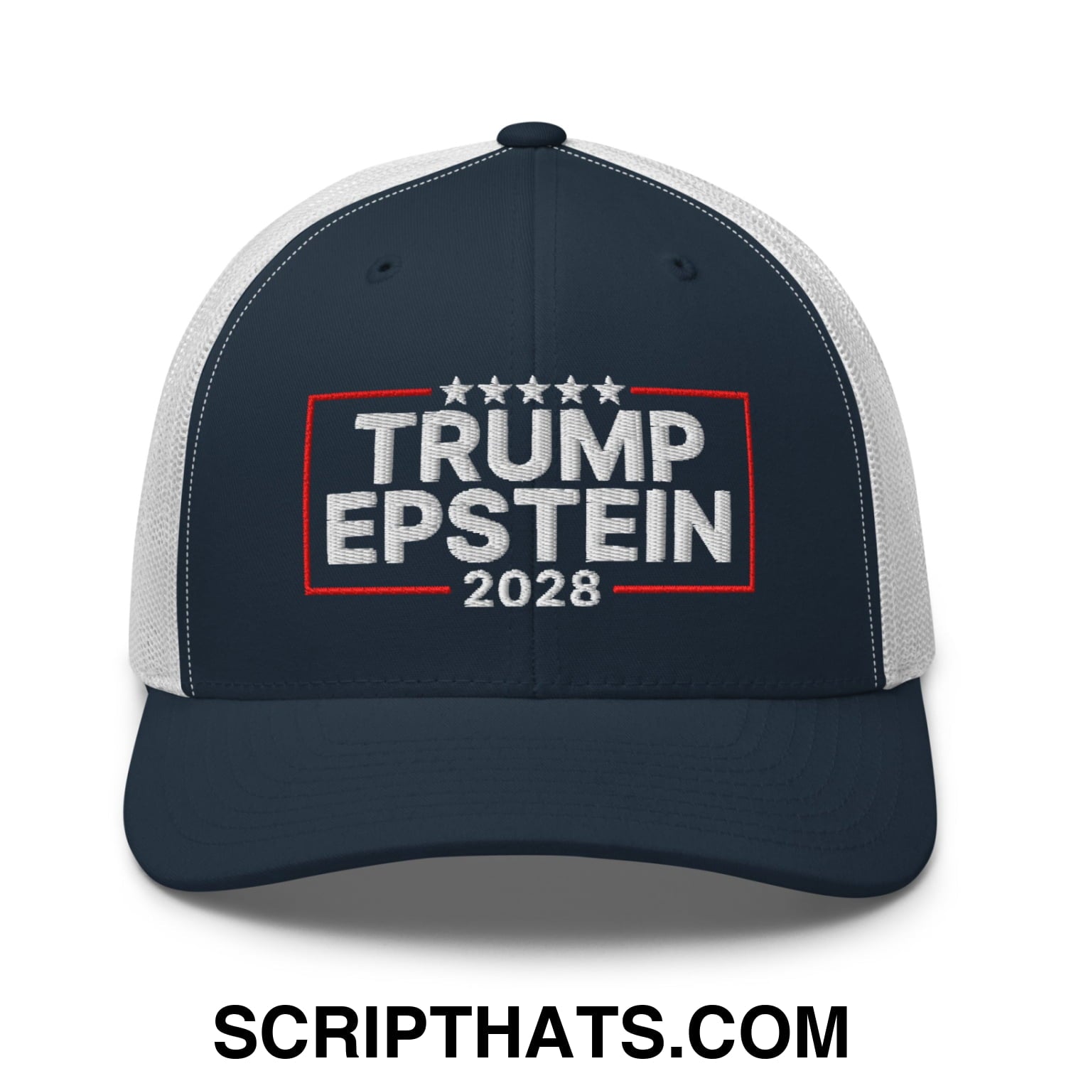 Trump Epstein 2028 Embroidered Mesh Trucker Hat Navy White