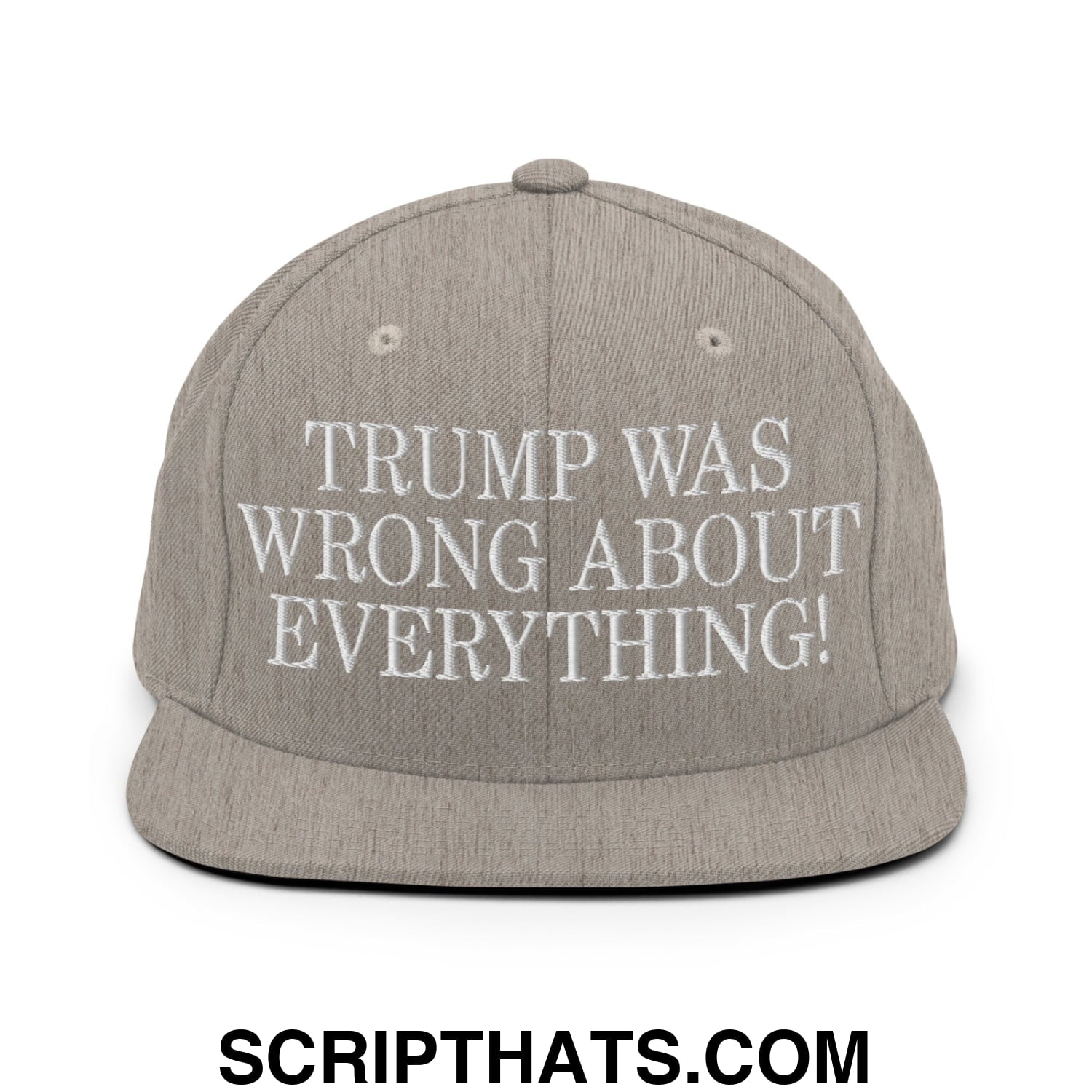Trump Was Wrong About Everything! Embroidered Flat Bill Brim Snapback Hat Heather Grey