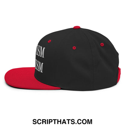 Black and red flat bill snapback hat with white embroidered ism lettering and trumpism is fascism design
