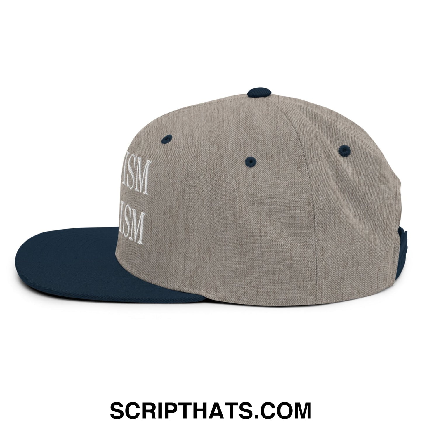 A heather gray and navy blue snapback cap with white embroidered trumpism is fascism text on the side