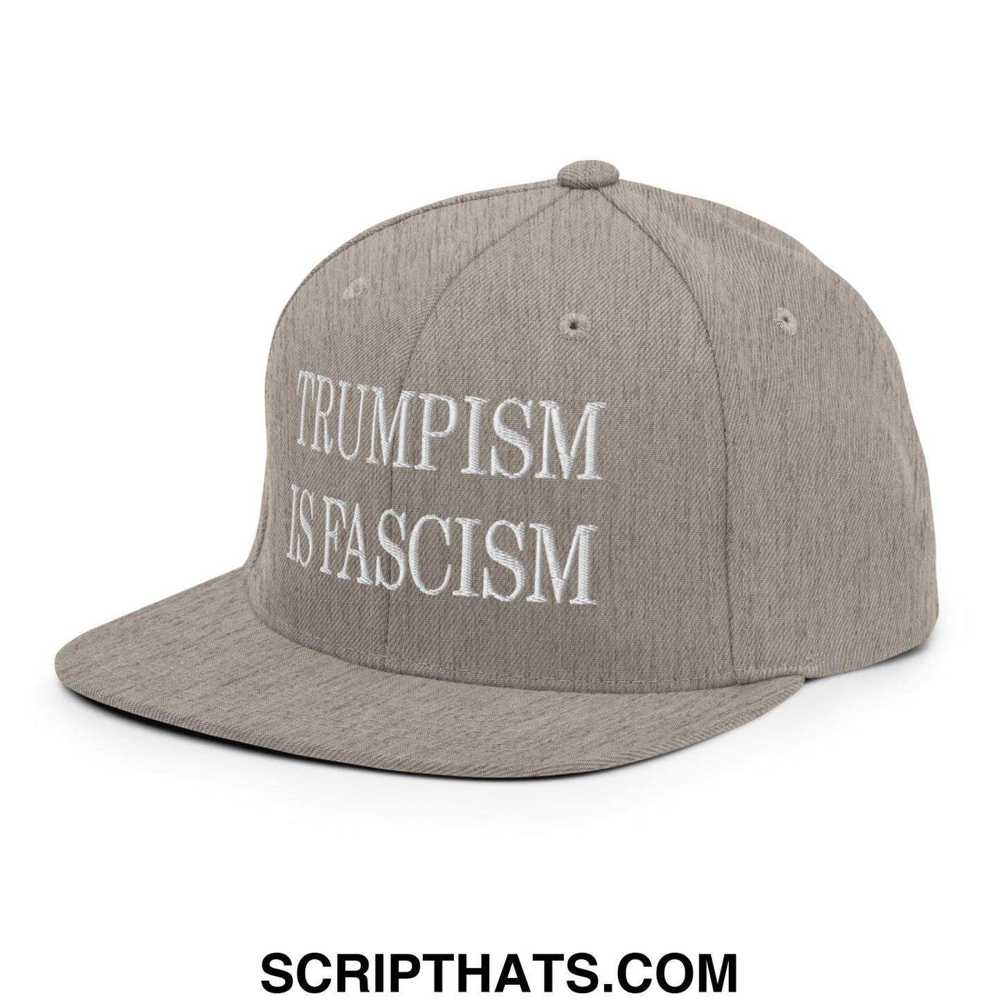 Gray snapback cap with white embroidered text trumpism is fascism featuring a flat bill brim design