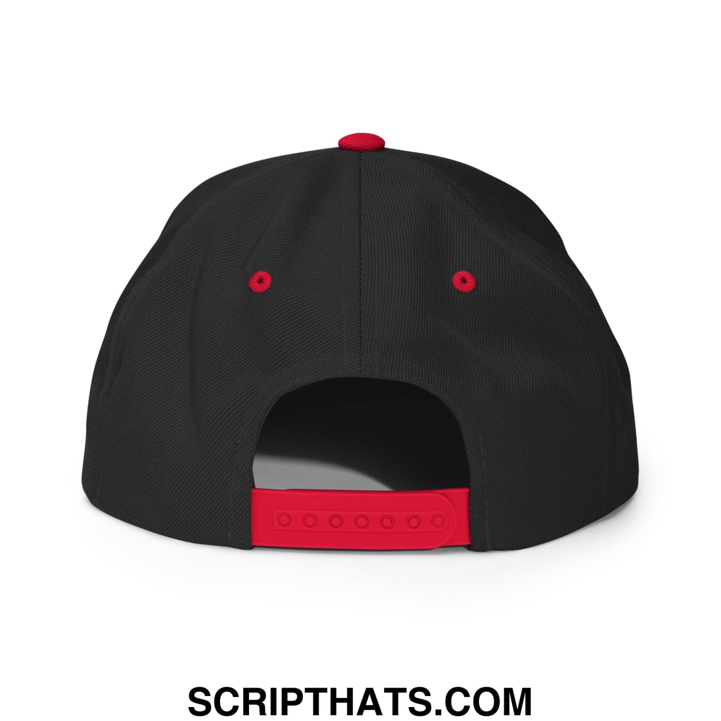Black snapback hat with red accents and adjustable strap embroidered with trumpism is fascism flat bill brim
