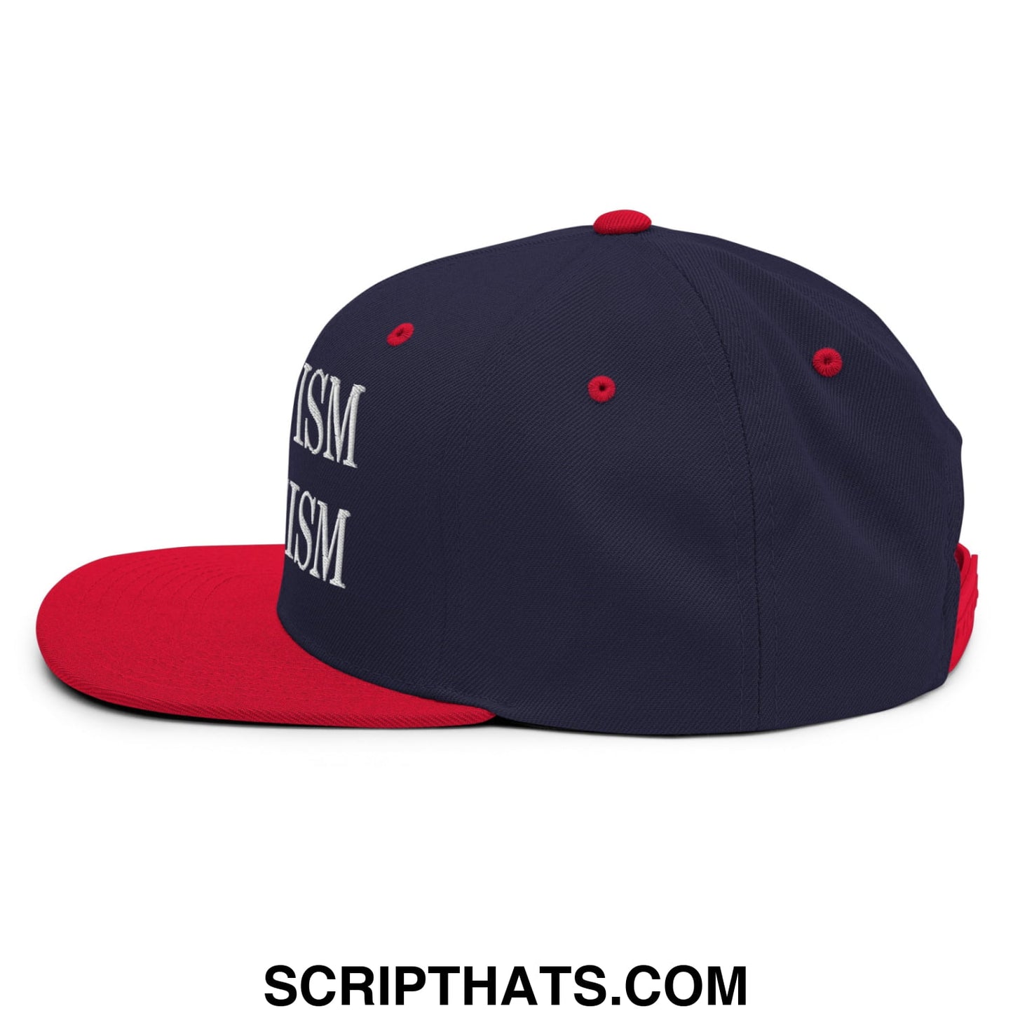 Navy blue and red snapback hat with white embroidered trumpism is fascism text and flat bill brim design