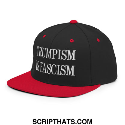 Black and red snapback cap with white embroidered trumpism is fascism text on the front flat bill brim hat