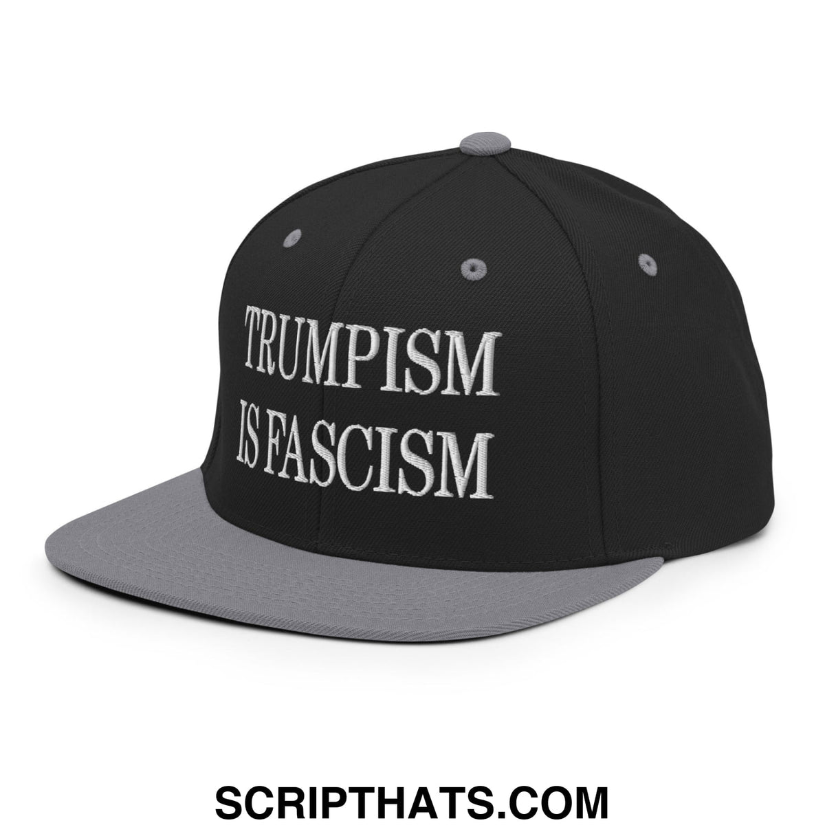 Black and gray snapback cap with white embroidered trumpism is fascism text on flat bill brim for casual wear