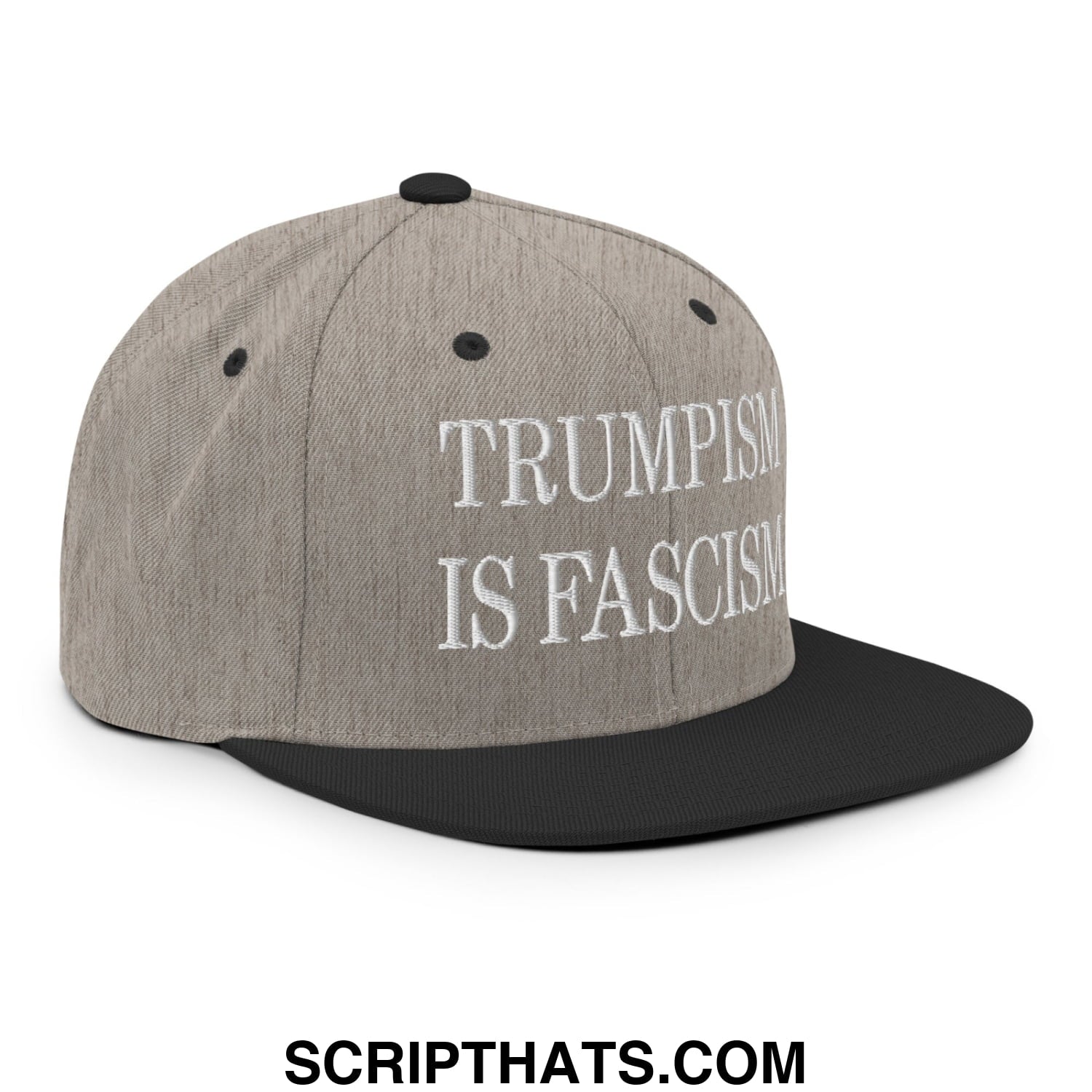 Gray and black snapback cap with white embroidered trumpism is fascism text flat bill brim adjustable hat