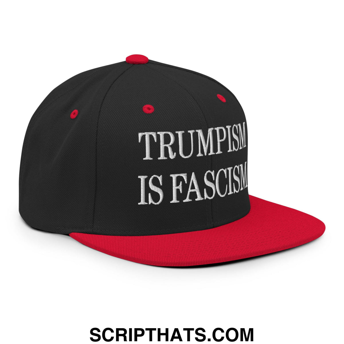 Black and red snapback hat with white embroidered trumpism is fascism text and flat bill brim design