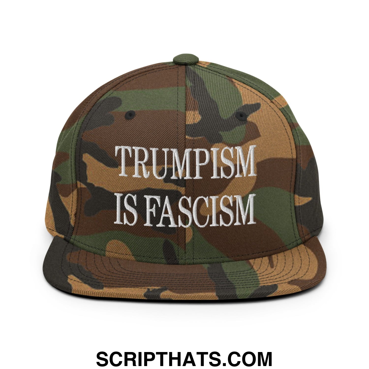 A camouflage-patterned snapback cap with a flat bill and white embroidered text reading trumpism is fascism