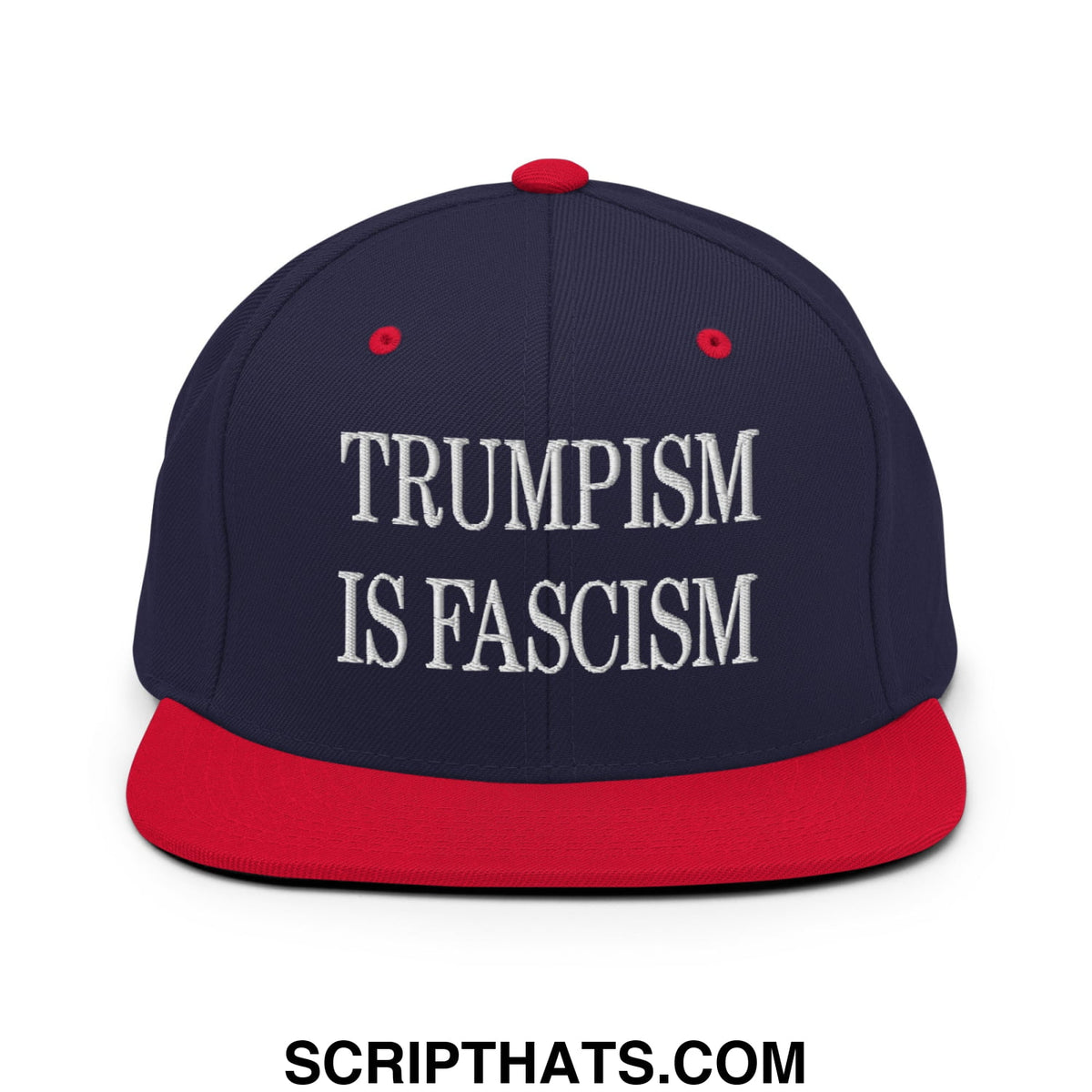 Navy blue and red snapback cap with white embroidered text trumpism is fascism flat bill brim hat