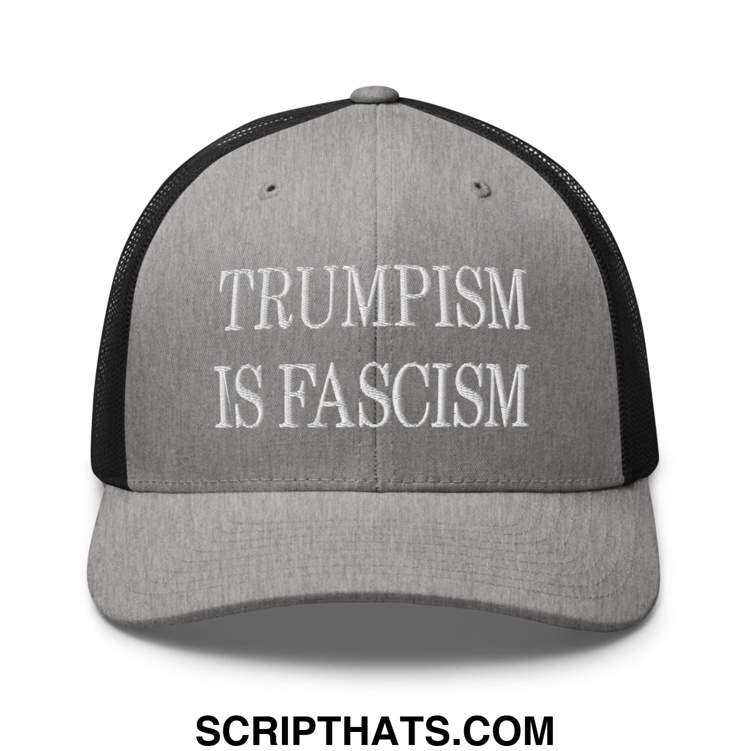 Trumpism is Fascism Embroidered Mesh Trucker Hat Heather Black