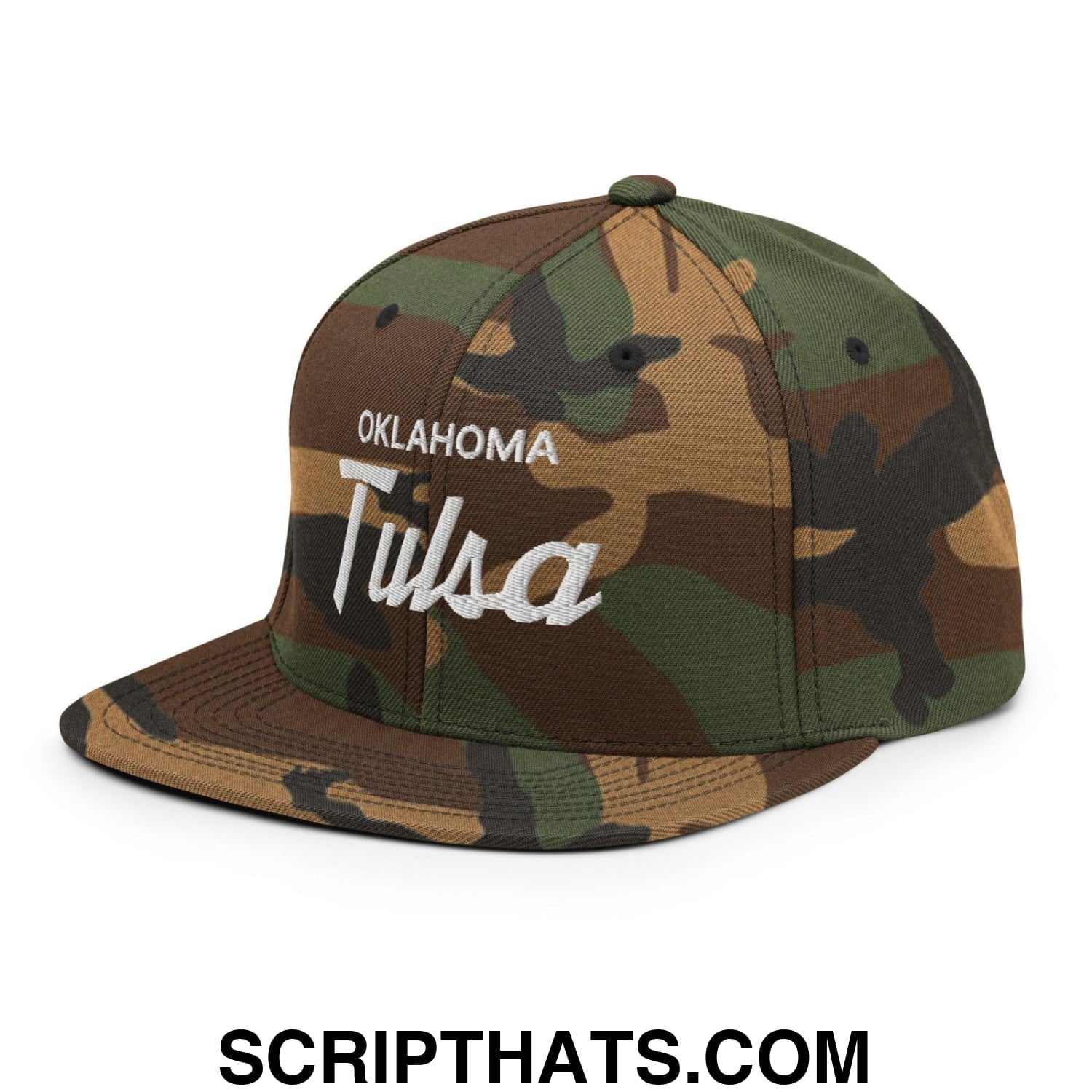 Tulsa Oklahoma Vintage Sports Script Snapback Hat Green Camo