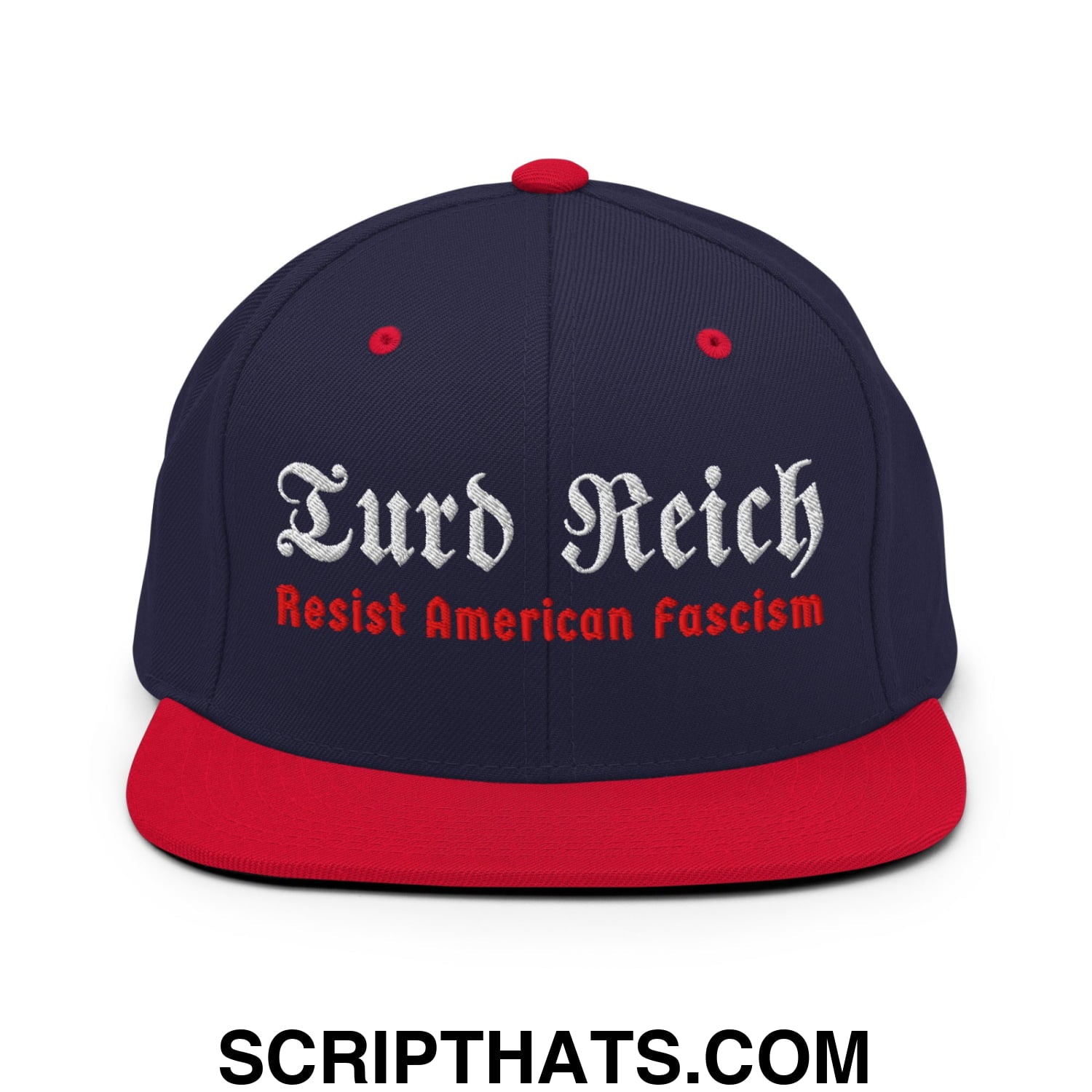 Turd Reich Resist American Fascism Embroidered Flat Bill Brim Snapback Hat Navy Red
