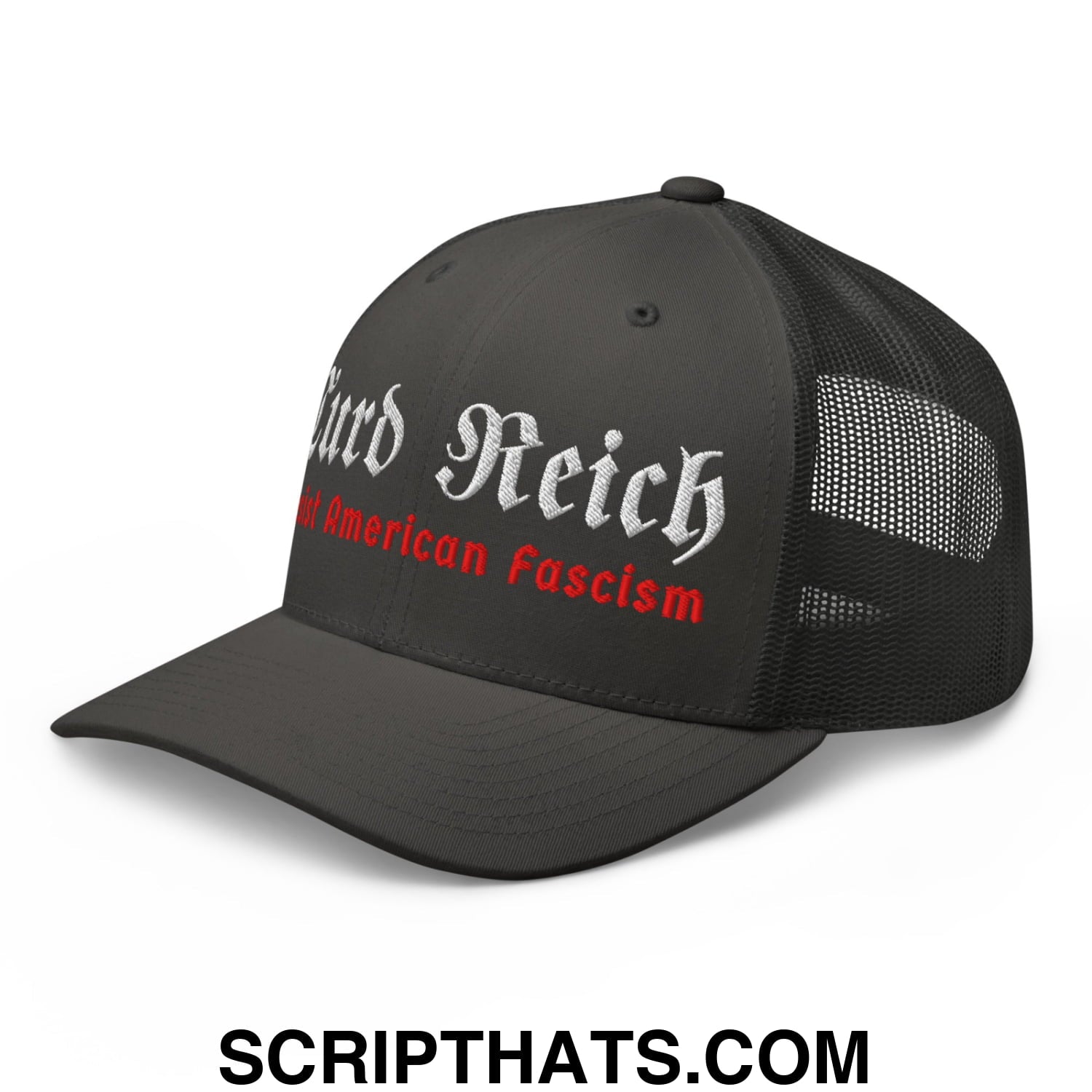 Turd Reich Resist American Fascism Embroidered Mesh Trucker Hat Charcoal